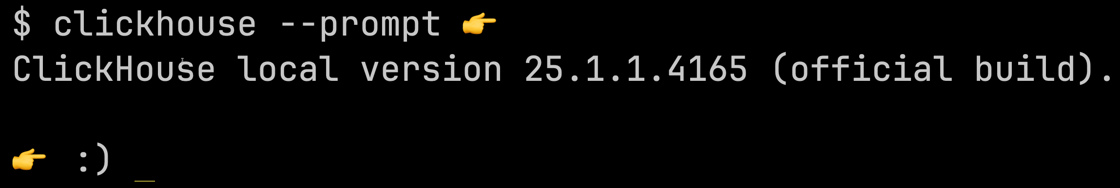 ClickHouse client prompt with finger emoji
