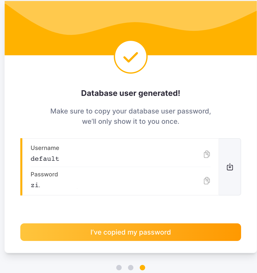 Экран учетных данных ClickHouse Cloud с именем пользователя и па�ролем